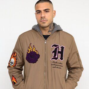 NWT - Large mens bomber jacket w/ hood and skull & rose patches.  "Hustle"